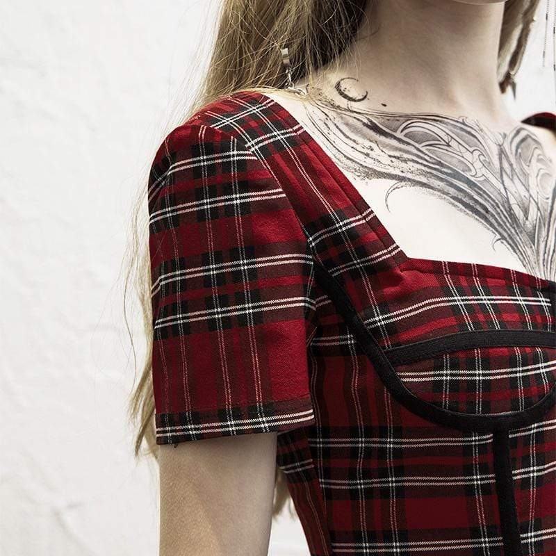 Women's Grunge Square Collar Backless Red Plaid Dresses