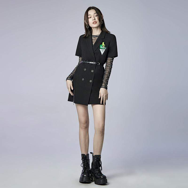 Women's Punk Double-breasted Suit Dress with Metal Chain Belt