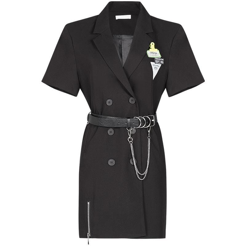 Women's Punk Double-breasted Suit Dress with Metal Chain Belt