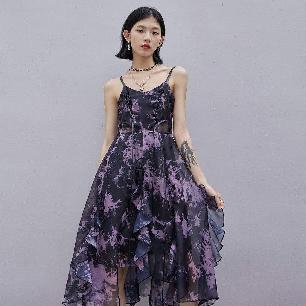 Women's Punk Floral Chiffon Slip Dress with Ruffles