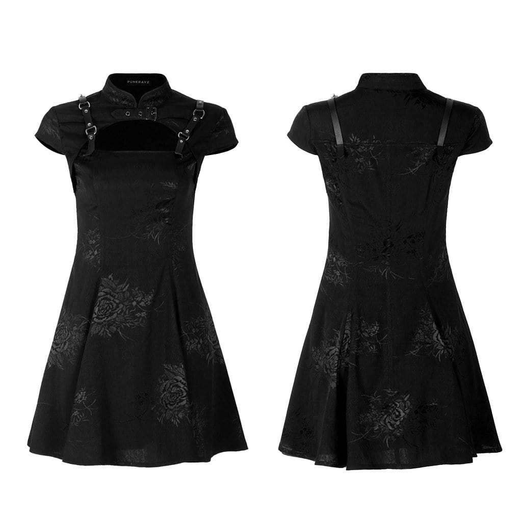 Women's Punk Floral Printed Cutout Black Little Dress