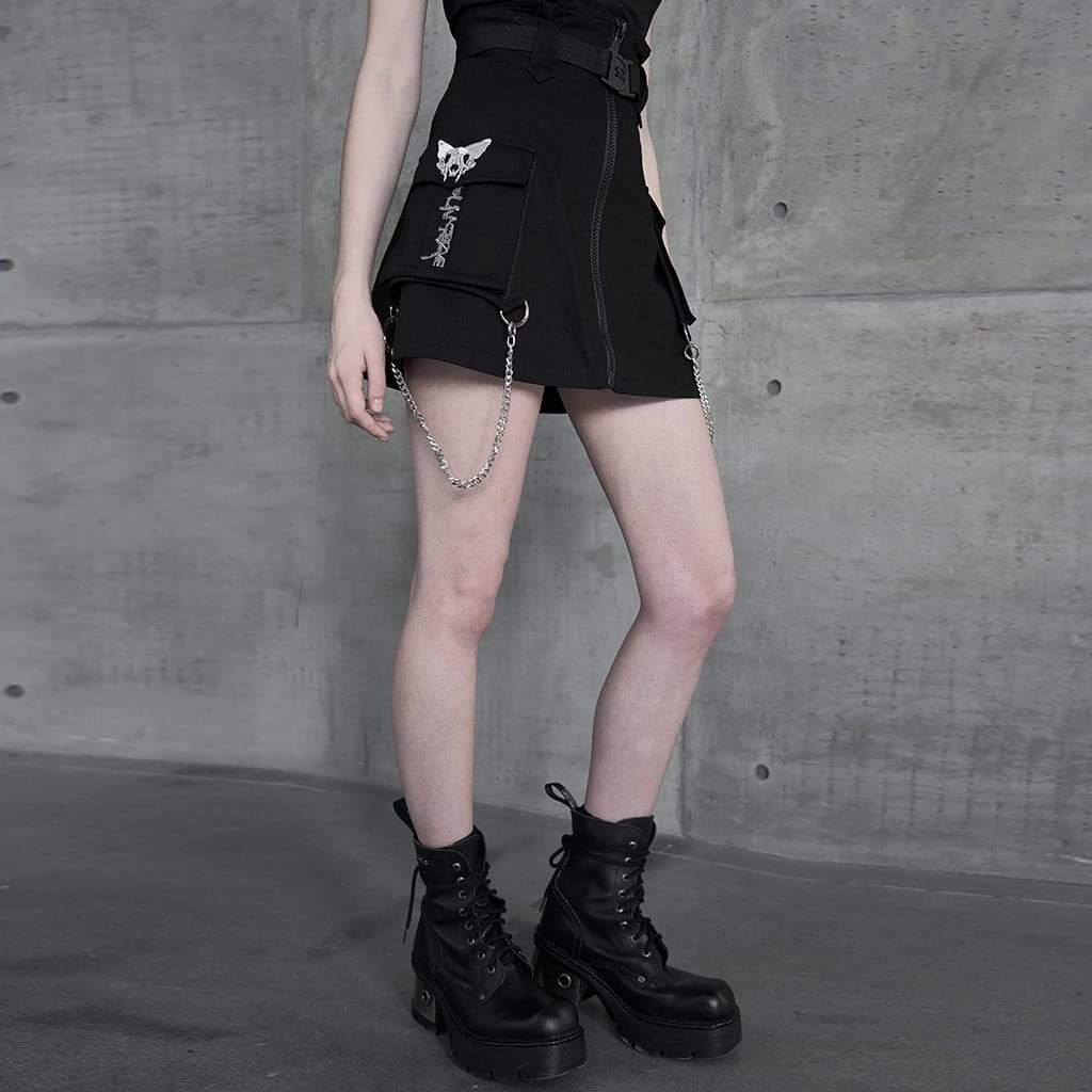 Women's Punk High-waisted Front Zip Cargo SKirts with Belt