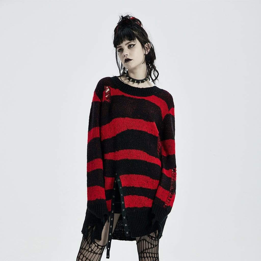 Women's Punk Loose Ripped Striped Knitted Pullover Sweater