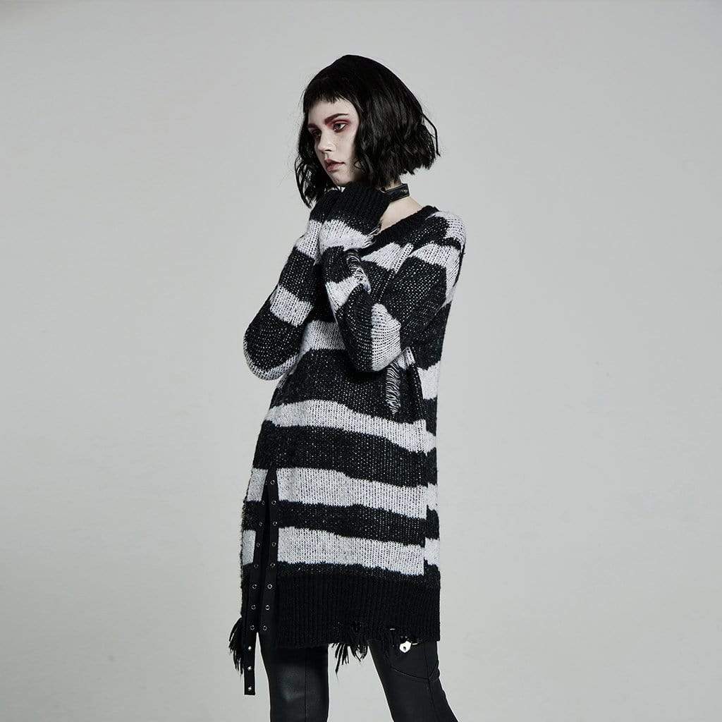 Women's Punk Loose Ripped Striped Knitted Pullover Sweater