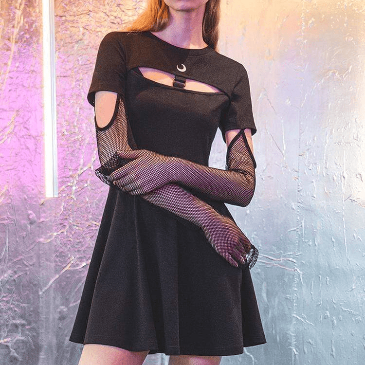 Women's Punk Moon Printed A-line Dresses With Detachable Mesh Gloves