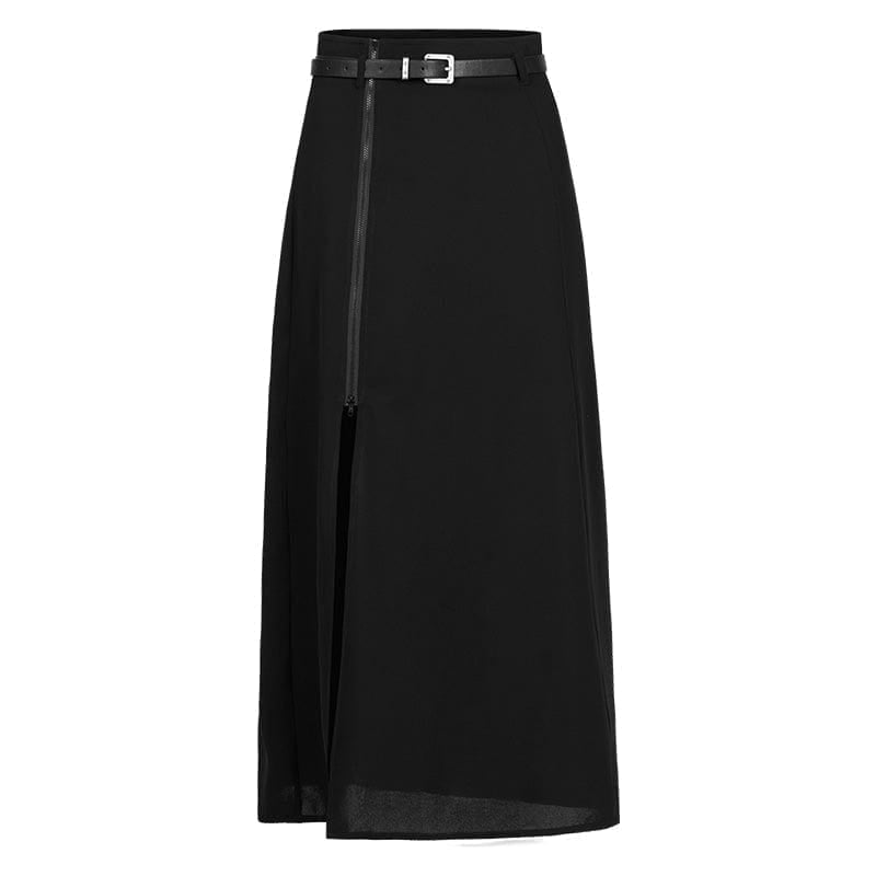 PR-A Women's Punk Side Slit Zipper Skirt with Belt