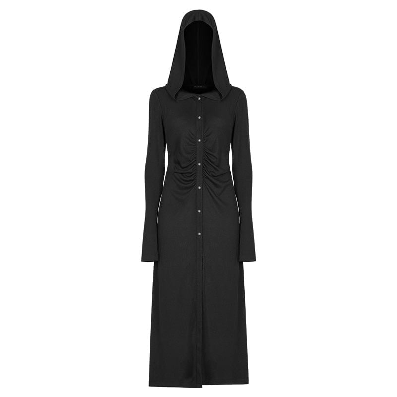 PR-A Women's Punk Single-breasted Plicated Dress with Hood