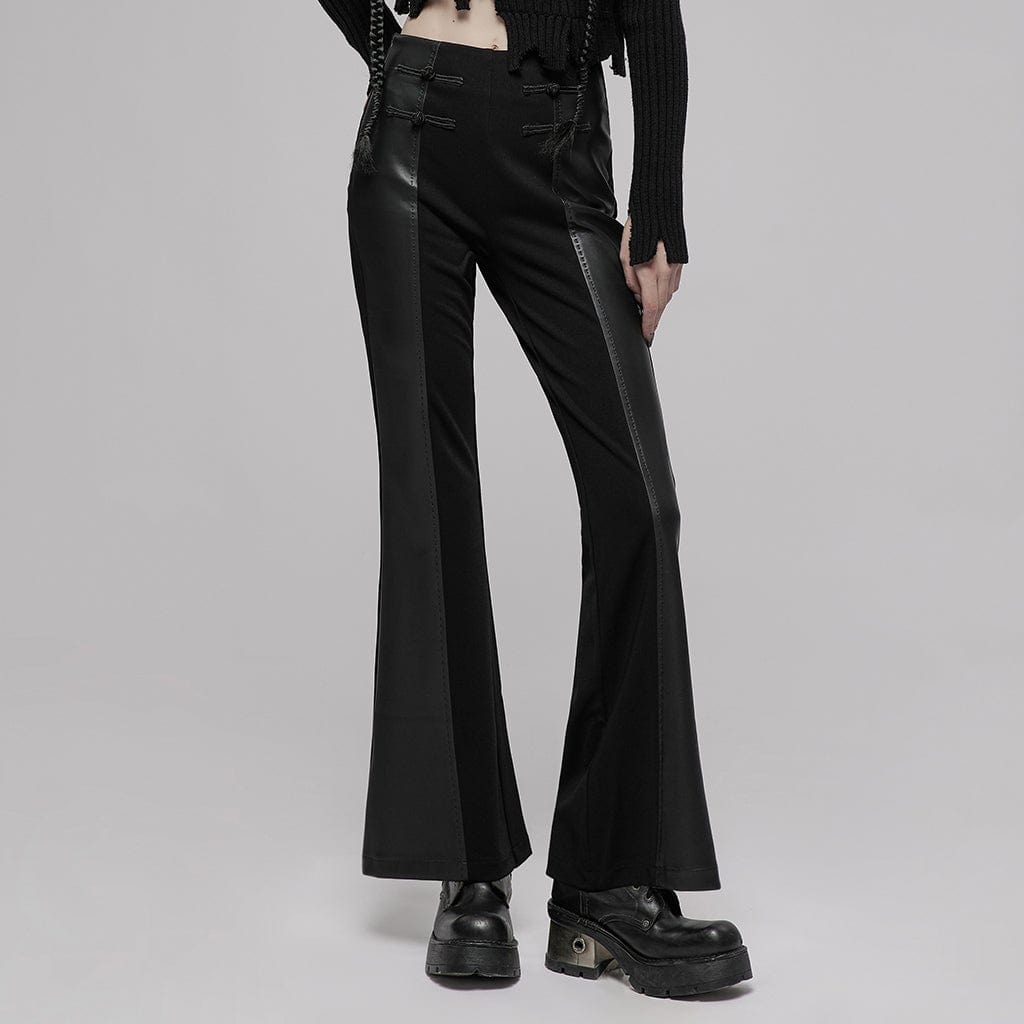 PR-A Women's Punk Spliced Faux Leather High-waisted Flared Pants