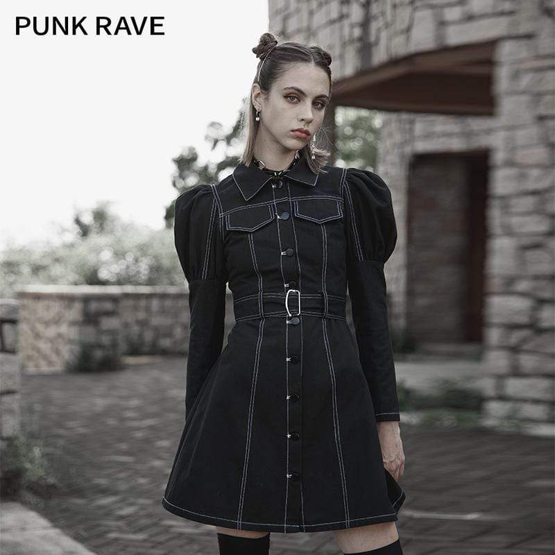 PR-A Women's Punk Turn-down Collar Puff Sleeved Dress