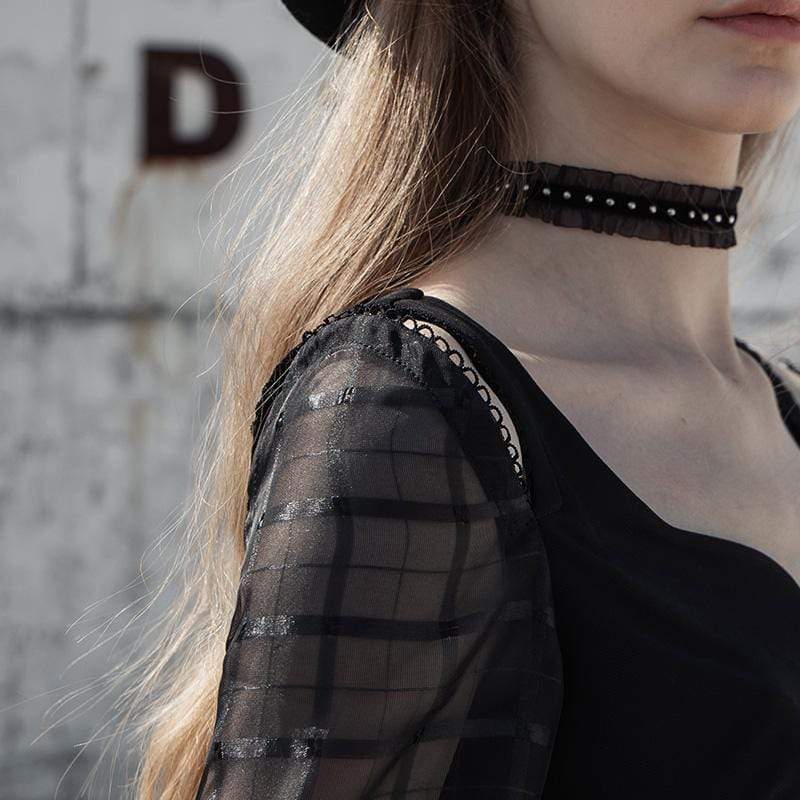 Women's Punk V-neck Puff Sleeved Chiffon Black Little Dresses