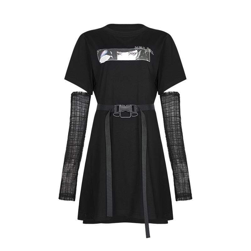 Women's Punk Hell Girl Printed Tee Dresses with Mesh Sleeves