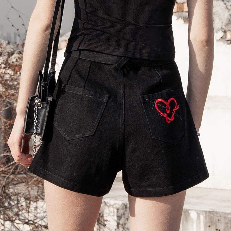 Women's Punk High-waisted Love Heart A-line Black Shorts with Belts