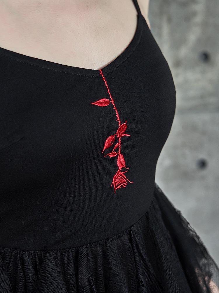 Women's Rose Embroidered Multi-layered Mesh Hem Dresses