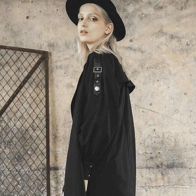 Women's Solid Black Wind Coat With Detachable Belt And Waist Bag