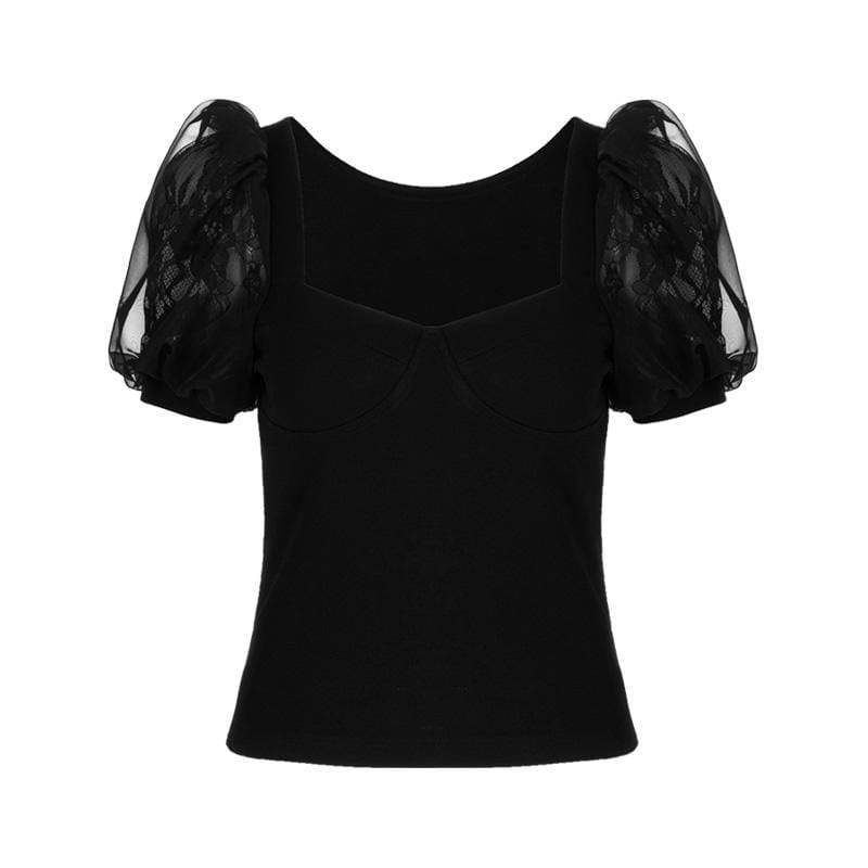 Women's Solid Color Sheer Latern Sleeved T-shirts