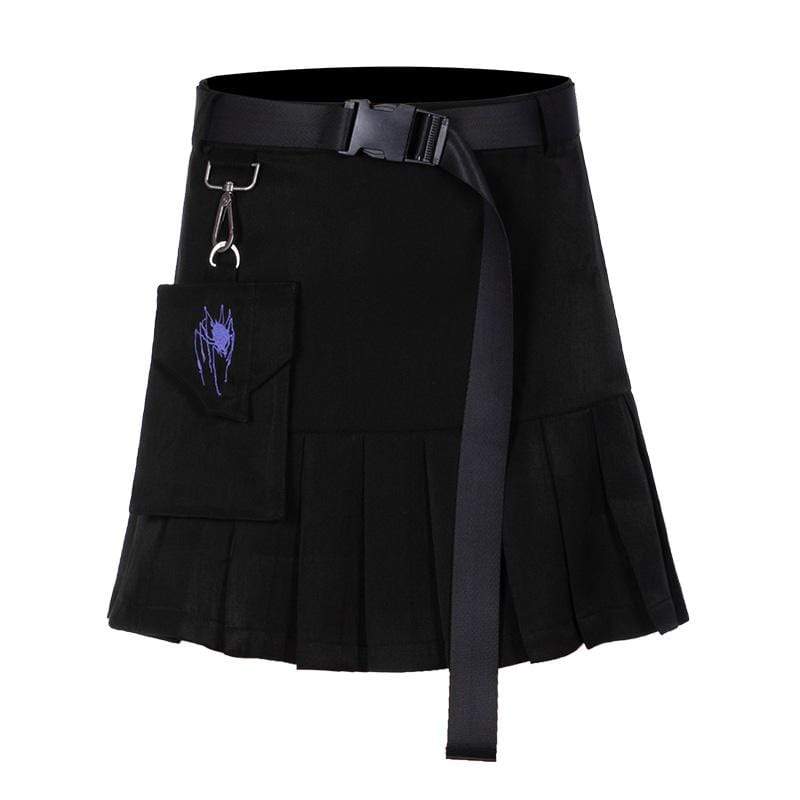 Women's Spider Embroidered Plaid Pleated Mini Skirts With Pocket