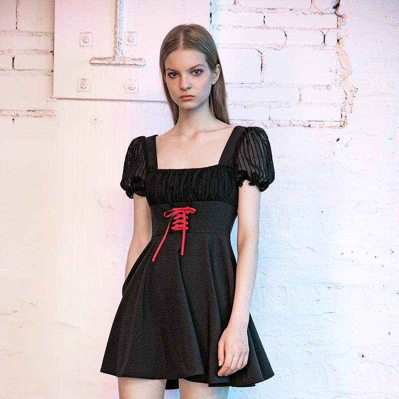 Women's Square Collar Lace-up Sheer A-line Dresses