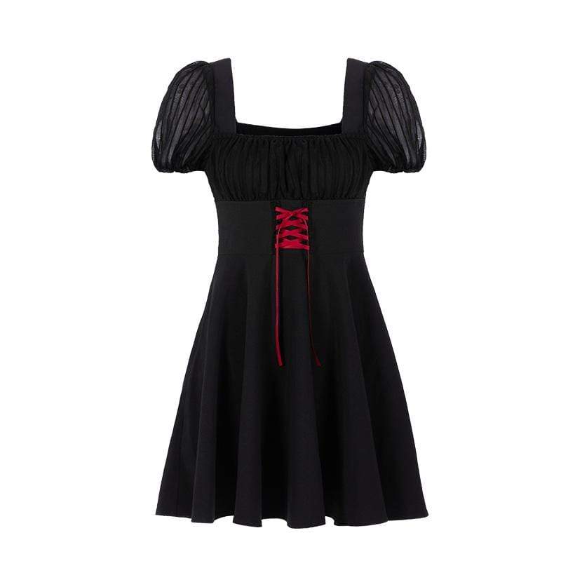 Women's Square Collar Lace-up Sheer A-line Dresses