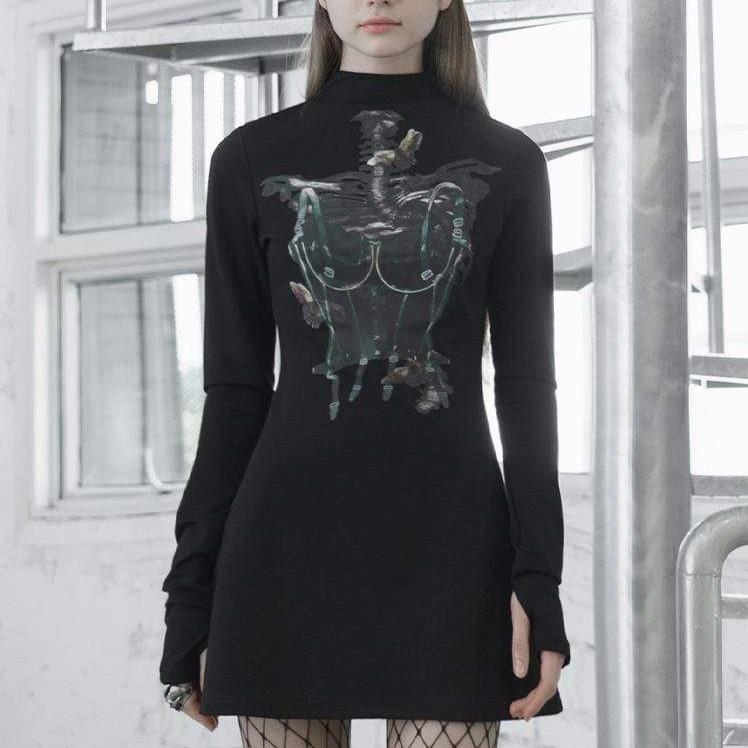 Women's Stand Collar Long Sleeved X-ray Pattern Dresses