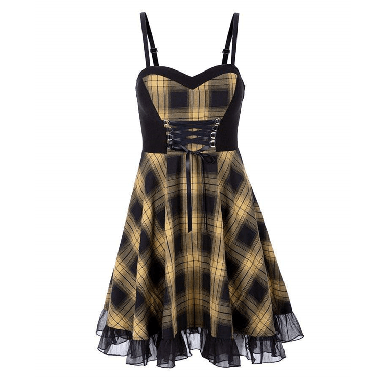 Women's Tight Waisted Lace Yellow Plaid Slip Dresses