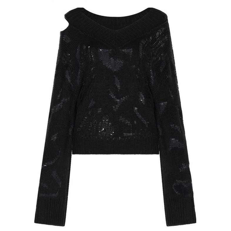 Women's V-neck Long Sleeved Shoulder Cutout Knitted Sweaters