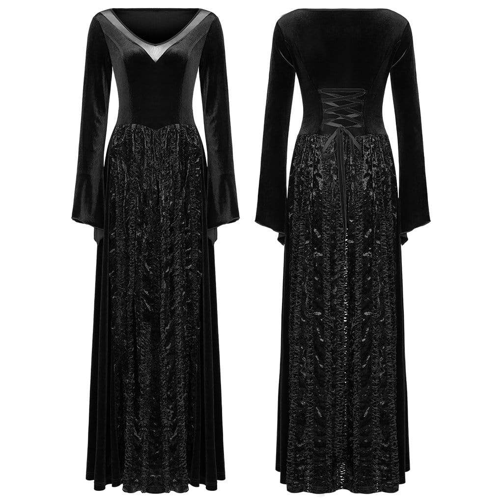 Women's Victorian Gothic Flare Sleeved Velet Maxi Dresses