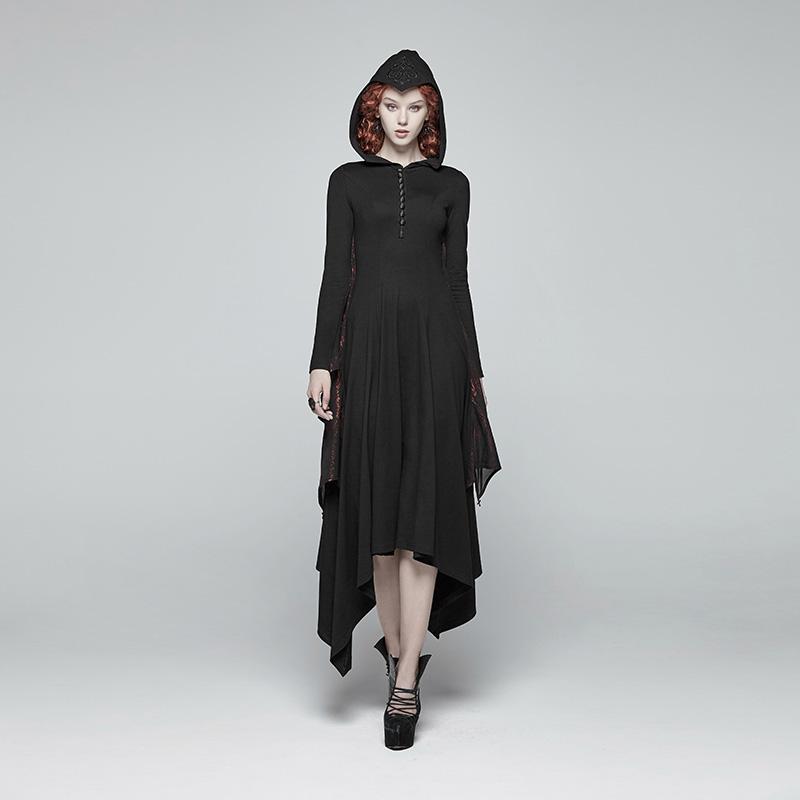 Women's Goth Flare Long Sleeve Iregular Maxi Dress With Hood