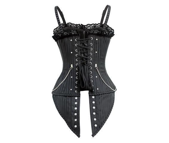 Gothic Striped Lace Buckles Overbust Corset With Thong