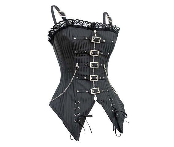 Gothic Striped Lace Buckles Overbust Corset With Thong