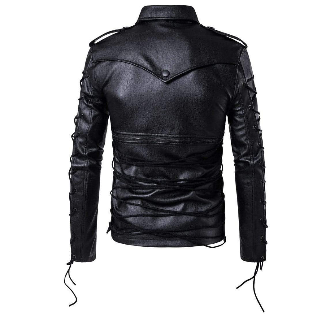 Men's Punk Zipper Side Lace Up Faux Leather Motorcycle Biker Jacket