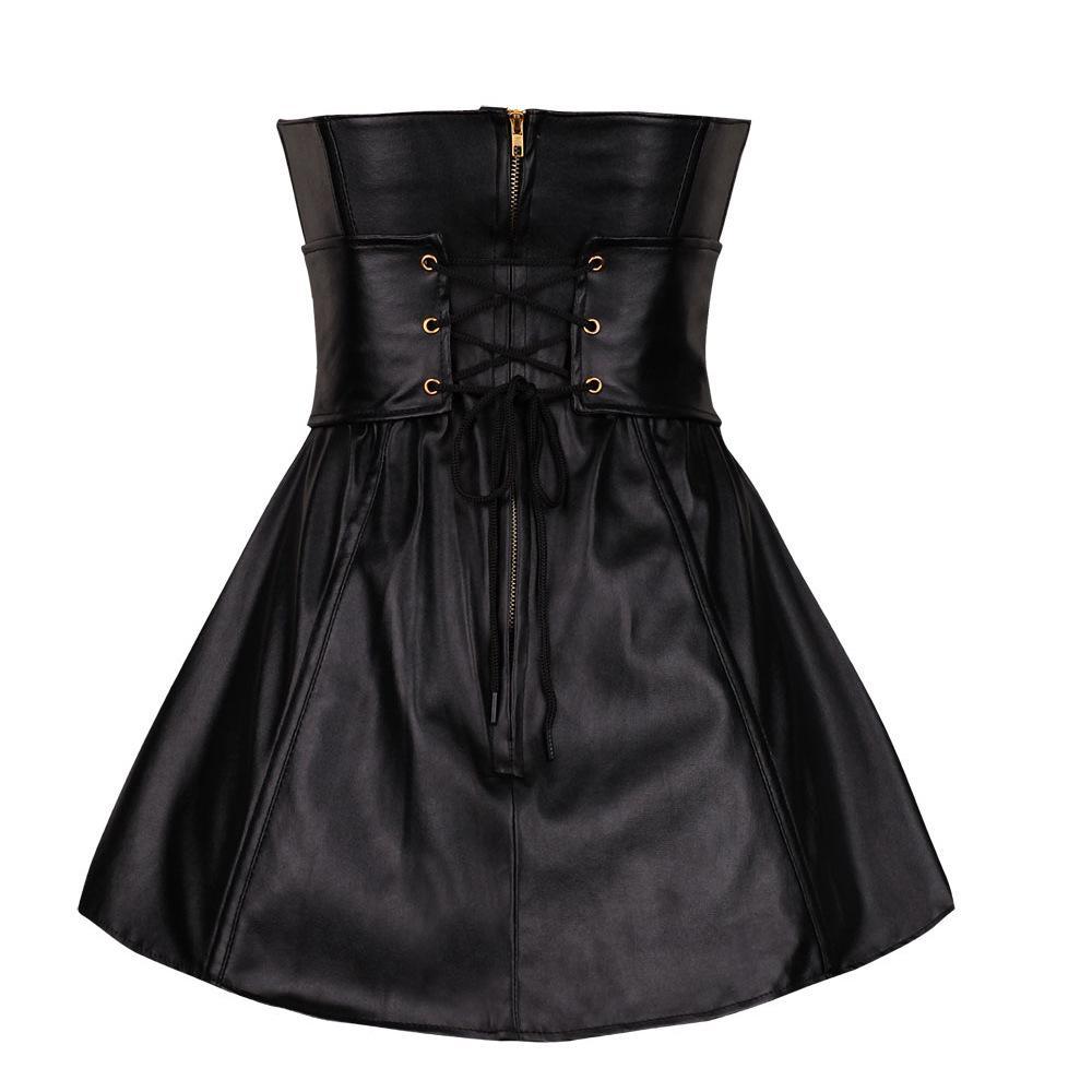 Women's Double Breasted Faux Leather Bustier Corset Top With Skirt
