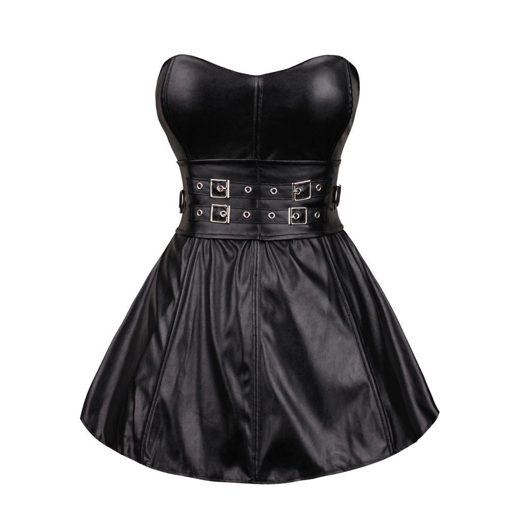 Women's Double Breasted Faux Leather Bustier Corset Top With Skirt