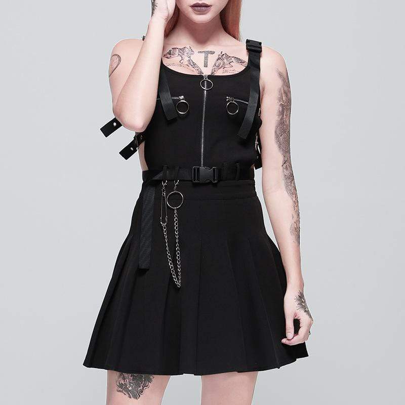 Women's Goth Front Zipper Black Slip Dress with Waist Chain