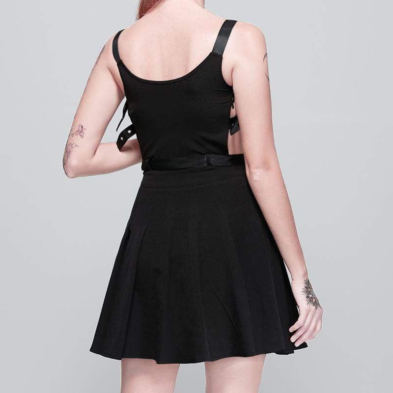 Women's Goth Front Zipper Black Slip Dress with Waist Chain