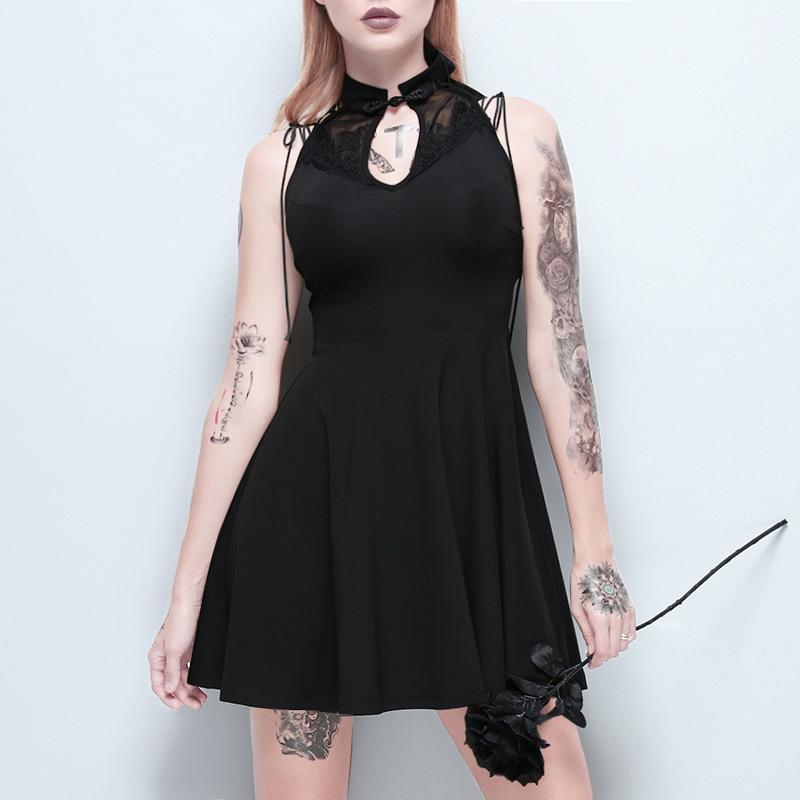 Women's Goth Hollow Strappy Sleeveless Black Dress