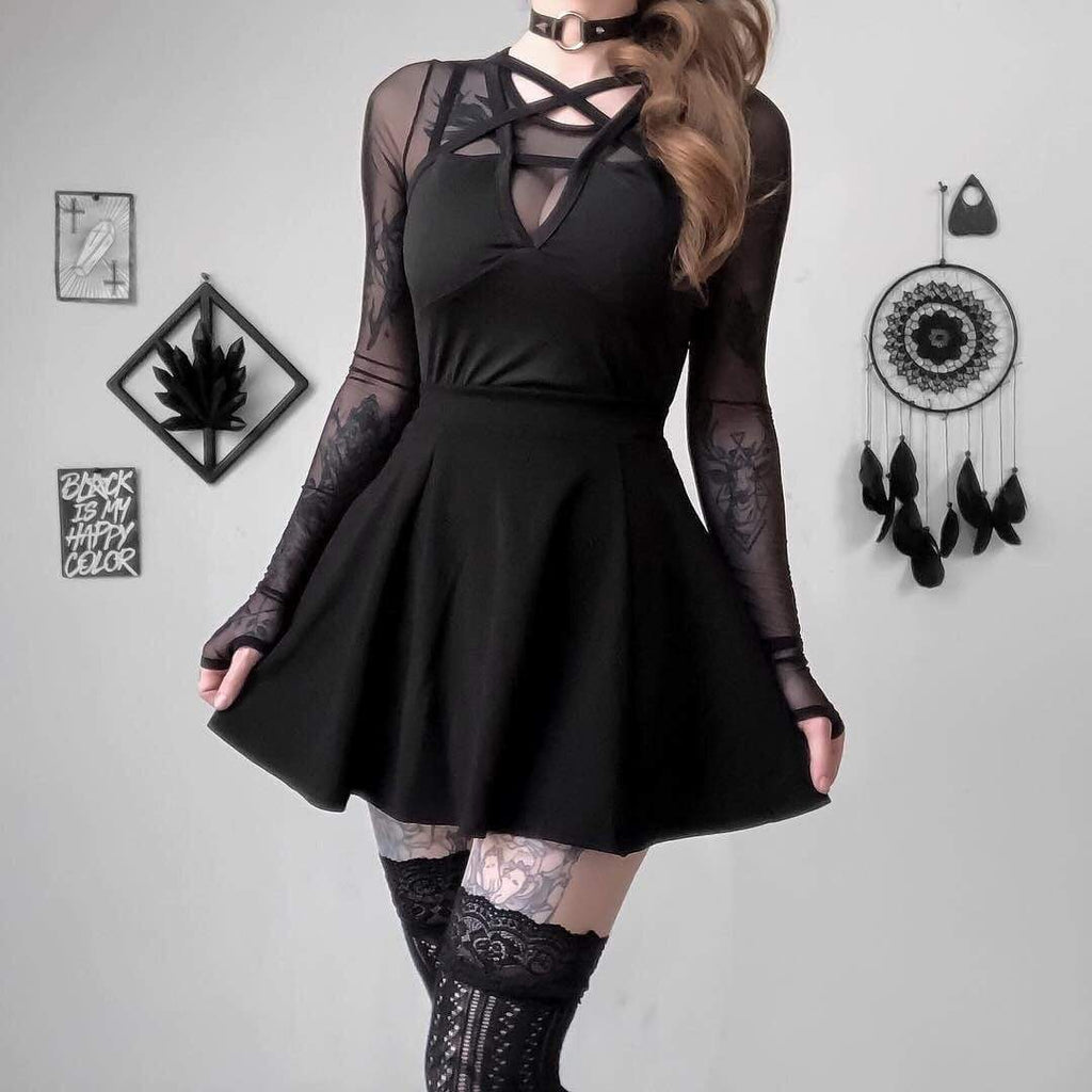Women's Goth Pentagram Strap Black Bodysuit Romper