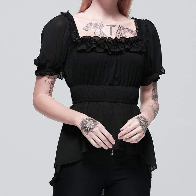 Women's Goth Square Collar Chiffon High/Low Top With Puff Sleeves