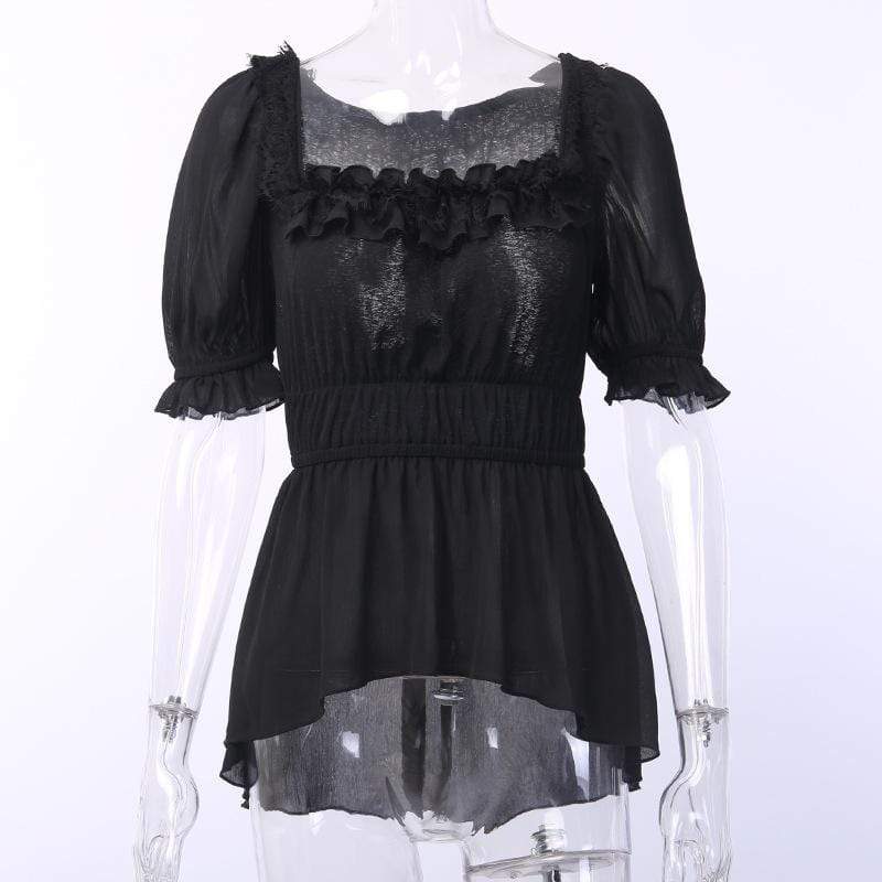 Women's Goth Square Collar Chiffon High/Low Top With Puff Sleeves