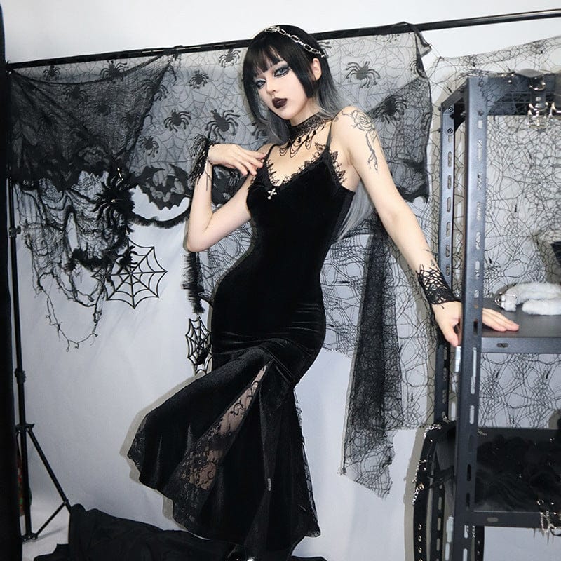 Punk Design Women's Gothic Velet Lace Fishtail Slip Dress