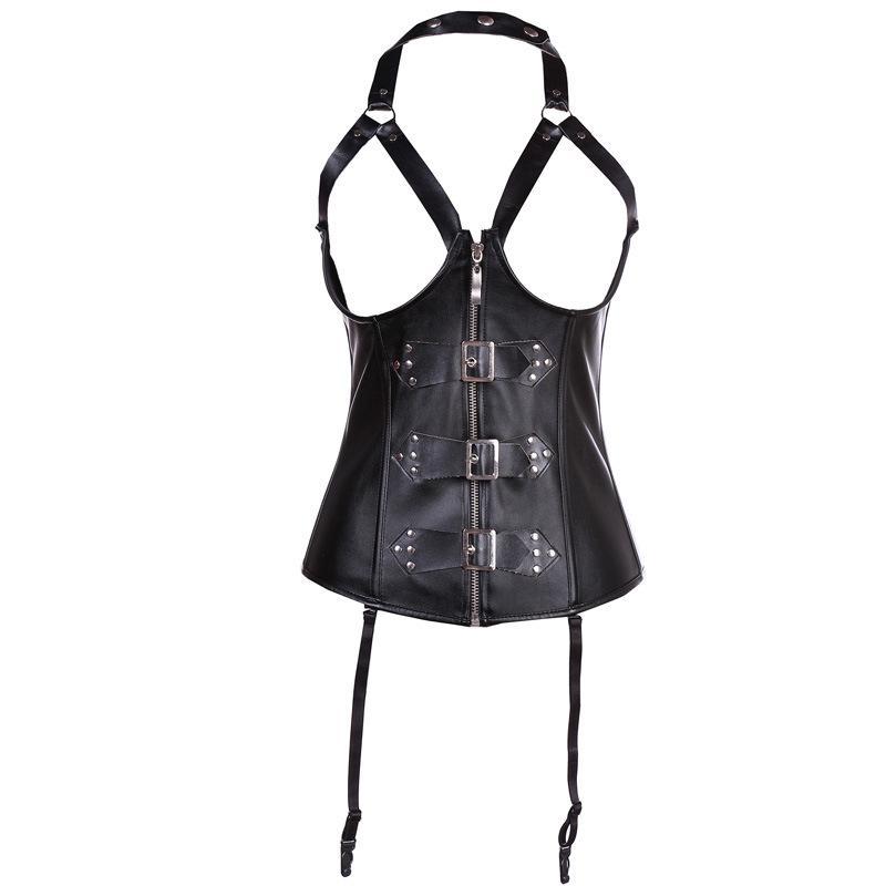 Women's Halter Buckle Up Faux Leather Corset With G String