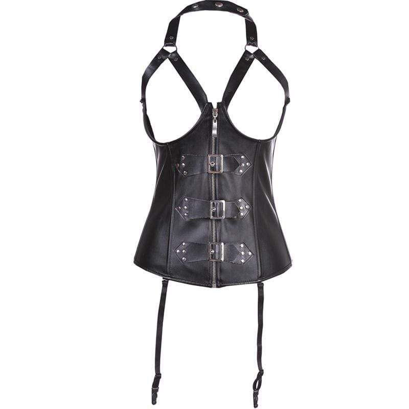 Women's Halter Buckle Up Faux Leather Corset With G String