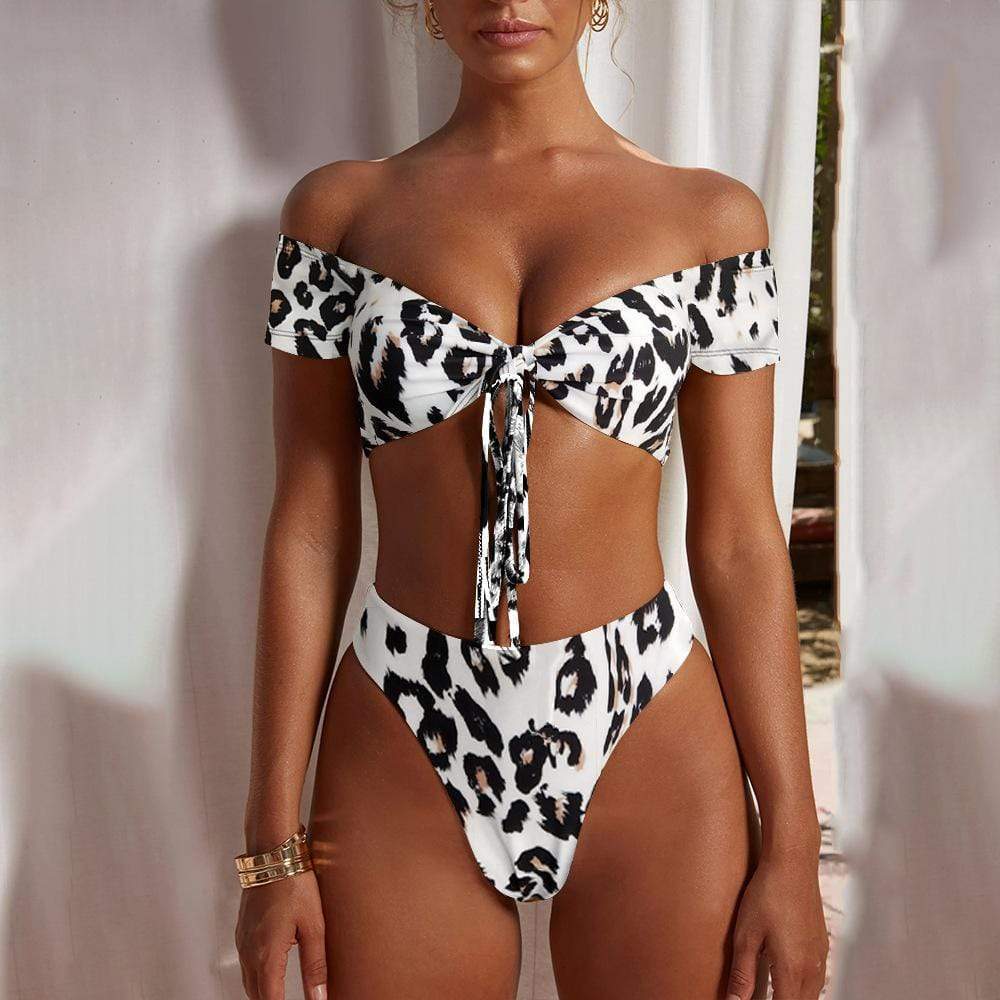 Women's Leopard Bardot Top With High Cut Bikini