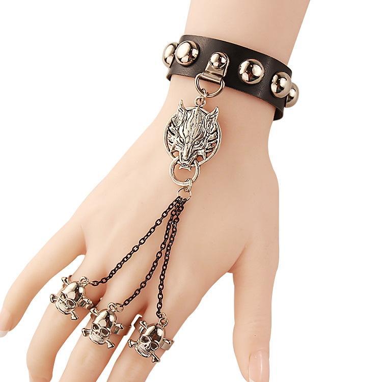 Women's Punk Black Faux Leather Bracelet With Three Skull Ring For Our Ins Followers