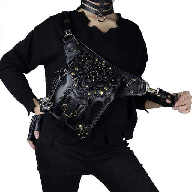 Women's Steampunk Chain Faux Leather Waist Bag Steampunk Hip Bag Black Holster