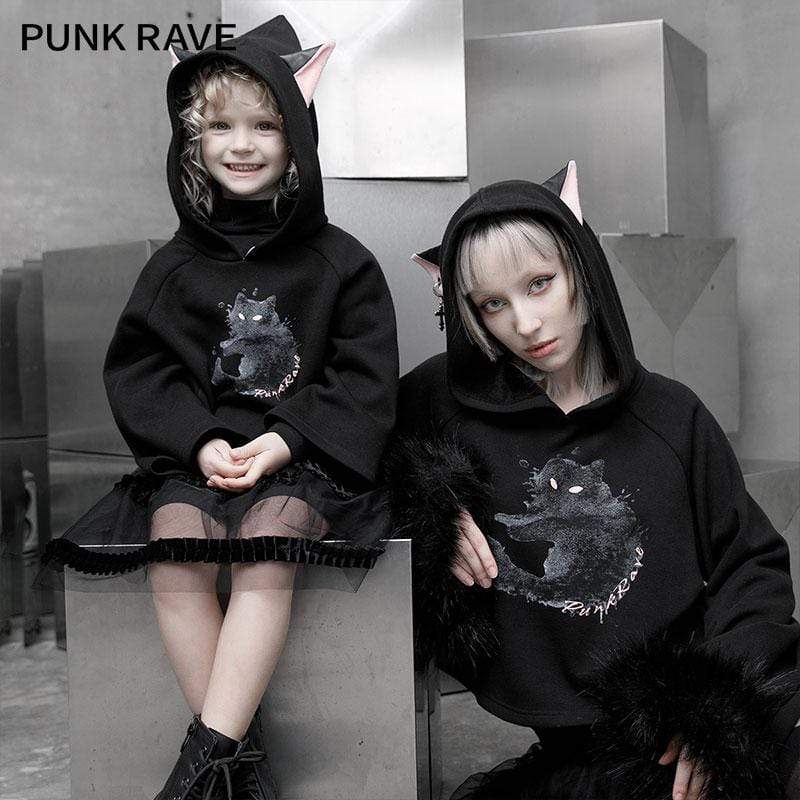 Children's Gothic Cat Printed Hoodies With Cat Ear Hood