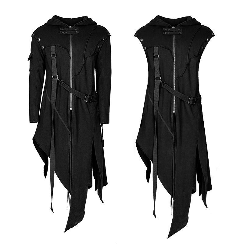Men's Punk Irregular hooded long coat with Detachable sleeves
