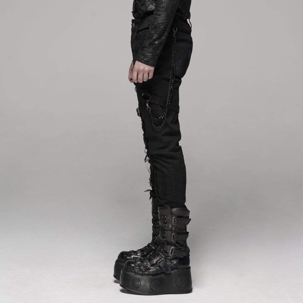 Men's Goth Ripped Straps Skinny Denim Pants With Waist Chain
