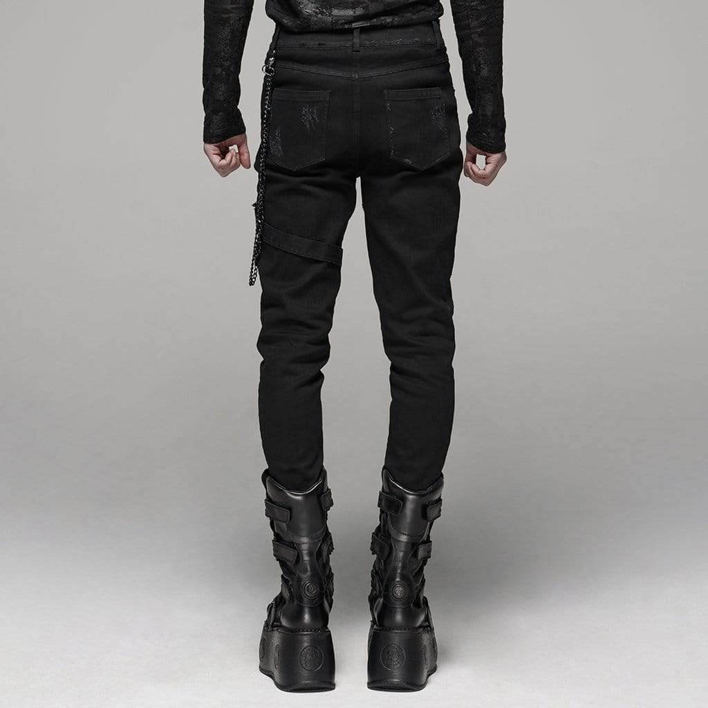 Men's Goth Ripped Straps Skinny Denim Pants With Waist Chain