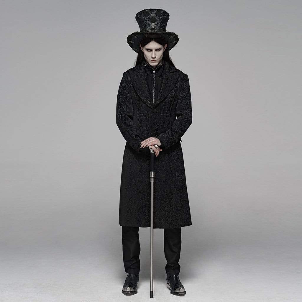 Men's Goth Turn-down Collar Single-breasted Jacquard Long Overcoat