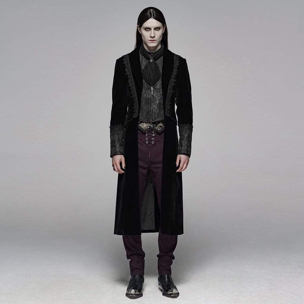 Men's Goth Victorian Front Zipper Floral Velvet Long Jacket